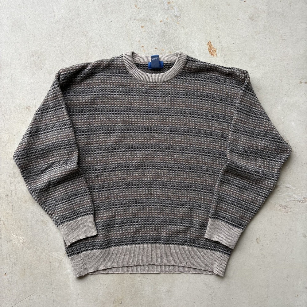 Vintage 90s Sweater Size XL Gray Tan Towncraft Grandpa Crewneck Knit Pullover